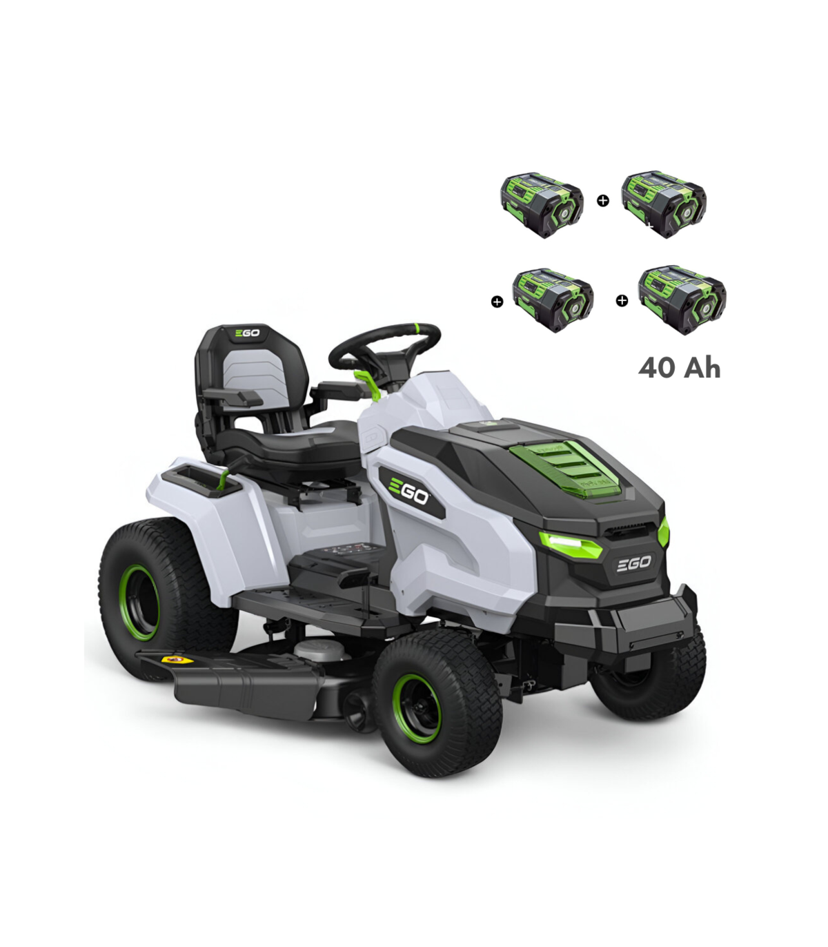 EGO TR4201E Aufsitzrasenmäher-Komplettpaket mit Seitenauswurf und Mulchfunktion, 4 x 10-Ah-Akkus und Schnellladegerät