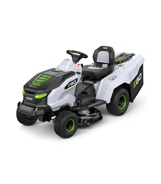 EGO Akku-Aufsitzmäher-Paket, 98 cm Messer, 300-Liter-Heckfangkorb und Mulchfunktion, 5 x 10-Ah-Akkus und Schnellladegerät -