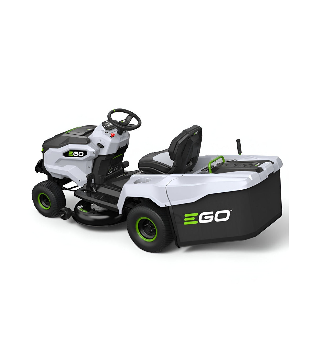 EGO Akku-Aufsitzmäher-Paket, 98 cm Messer, 300-Liter-Heckfangkorb und Mulchfunktion, 5 x 10-Ah-Akkus und Schnellladegerät -