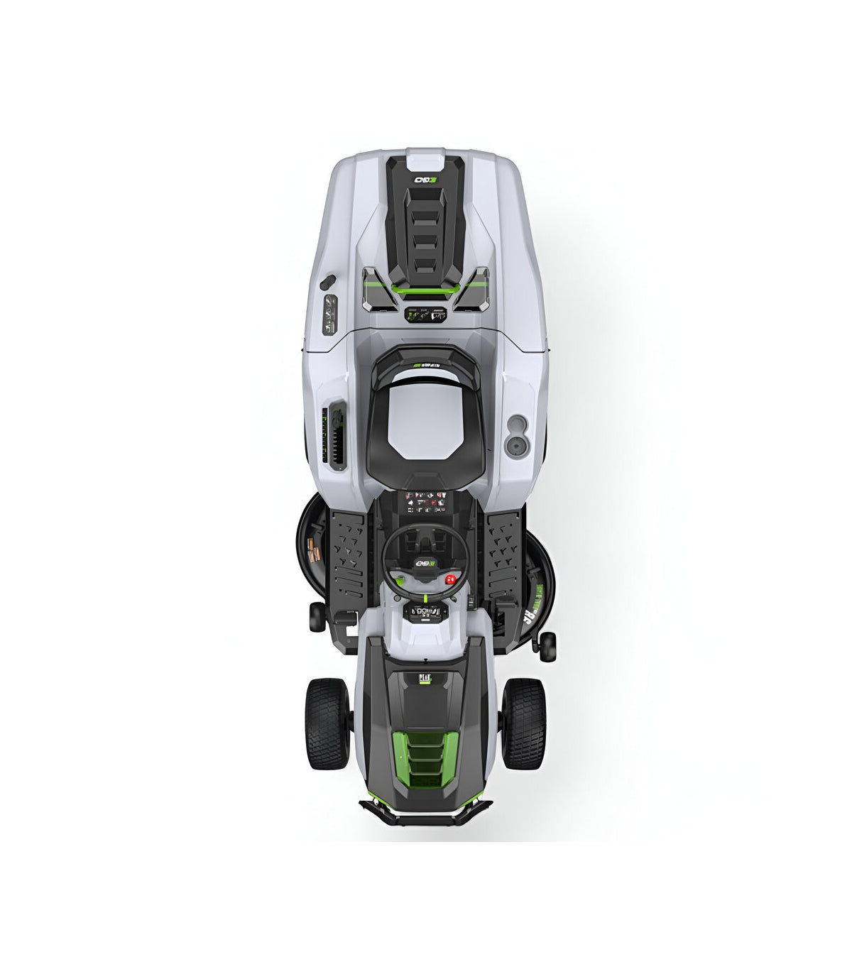 EGO Akku-Aufsitzmäher-Paket, 98 cm Messer, 300-Liter-Heckfangkorb und Mulchfunktion, 5 x 10-Ah-Akkus und Schnellladegerät -