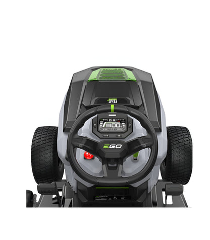EGO Akku-Aufsitzmäher-Paket, 98 cm Messer, 300-Liter-Heckfangkorb und Mulchfunktion, 5 x 10-Ah-Akkus und Schnellladegerät -