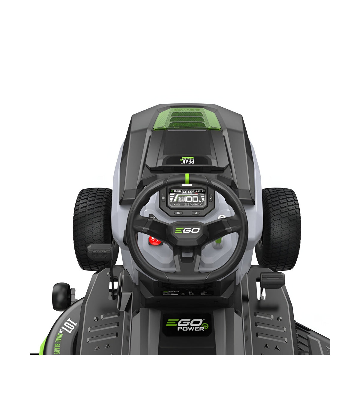 EGO TR4201E Aufsitzrasenmäher-Komplettpaket mit Seitenauswurf und Mulchfunktion, 4 x 10-Ah-Akkus und Schnellladegerät