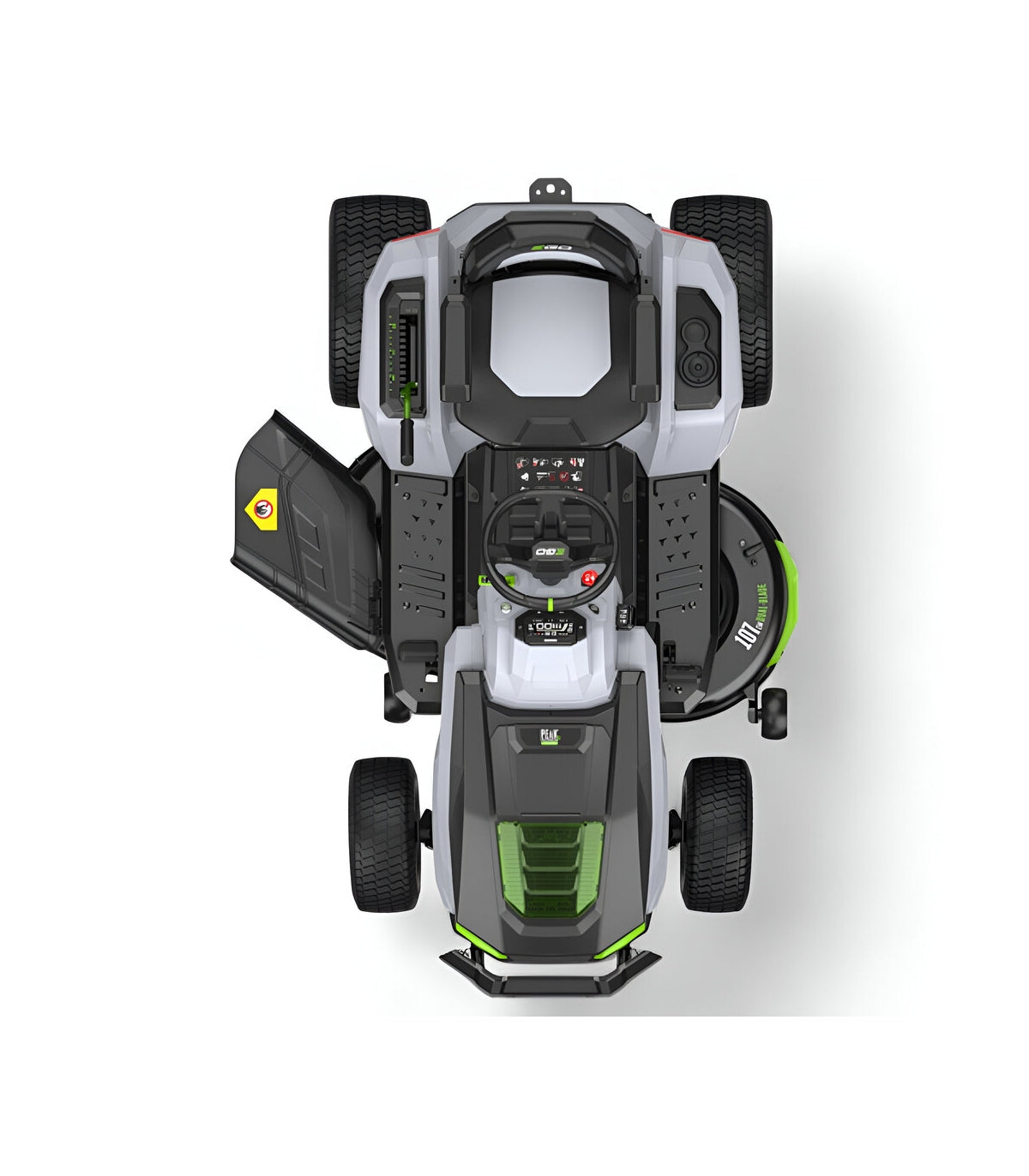 EGO TR4201E Aufsitzrasenmäher-Komplettpaket mit Seitenauswurf und Mulchfunktion, 4 x 10-Ah-Akkus und Schnellladegerät